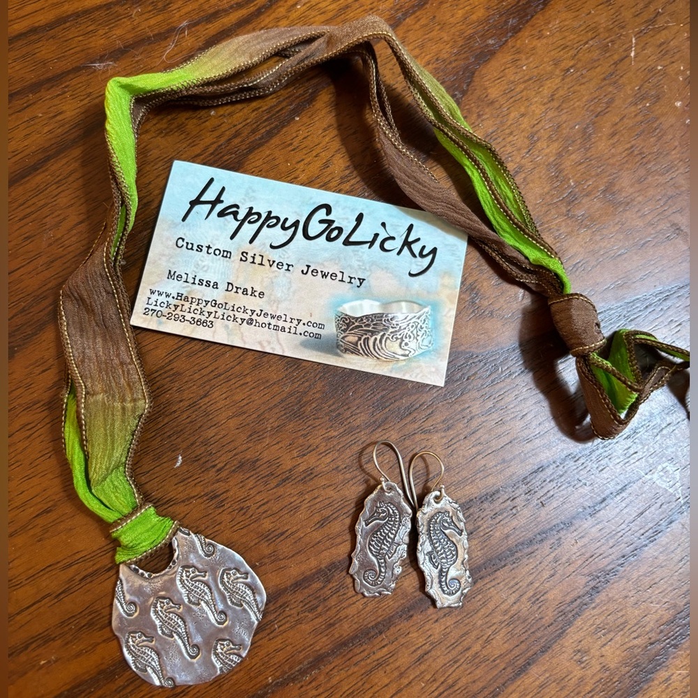 Silver Seahorse Necklace and Earring Set